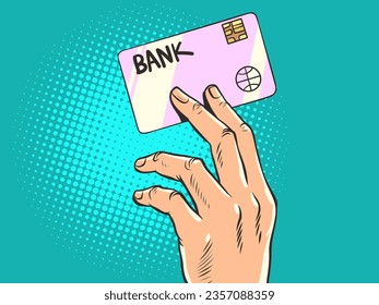 The human hand holds a bank card. Credit and debit plastic card. Electronic money. Payment for goods and services online. Purchasing an application using a transfer. Pop Art Retro Vector Illustration