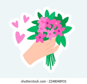 Human hand holds bouquet of flowers. Love and romantic gift. Vector illustration in cartoon sticker design
