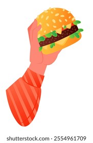 Human hand holds burger. Street snack, concept of fast food, guilty pleasure, very tasty food. Juicy big burger with soft bun with sesame seeds and green salad, with large juicy patty, cheese tomato