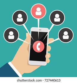 A human hand holds a calling smartphone. Vector illustration of a smartphone in a man hand. Modern phone in the palm of your hand. Infographics for flat design and presentations