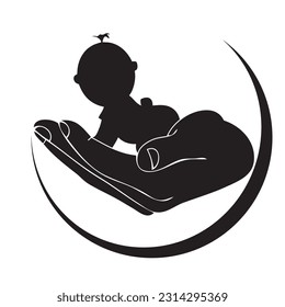 The human hand holds the child and symbolizes care for the baby.