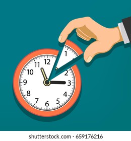 Human hand holds the clock with the arrows. Stock vector flat graphic