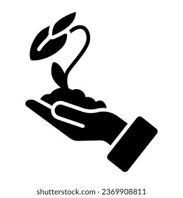 Human hand holds closed flower bud in soil solid icon, ecology concept, closed blossom sign on white background, Flower grows in farmer hands icon in glyph style, mobile. Vector graphics