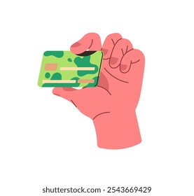 Human hand holds colourful plastic credit, debit card. Person buys with electronic money, pays by cashless payment. Digital banking, financial literacy. Flat isolated vector illustration on white
