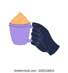Human hand holds a cup with cappuccino. Hot drink with milk foam. Hand drawn colorful vector illustration isolated on white background. Modern flat cartoon style.