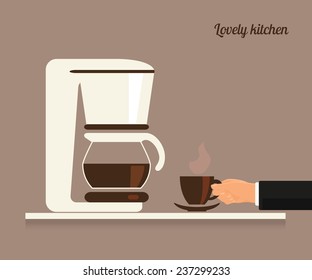 Human Hand Holds A Cup Of Coffee Near White Coffee Machine. Flat Illustration