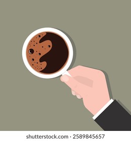 Human hand holds cup of coffee with foam. hot morning coffee mug. Top view. Coffee break. flat vector illustration