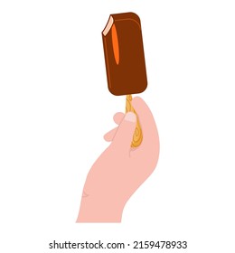 Human hand holds delicious chocolate popsicle isolated on white background. Flat Art Vector illustration