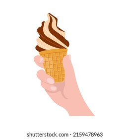 Human hand holds delicious chocolate popsicle isolated on white background. Flat Art Vector illustration