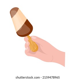 Human hand holds delicious chocolate popsicle isolated on white background. Flat Art Vector illustration