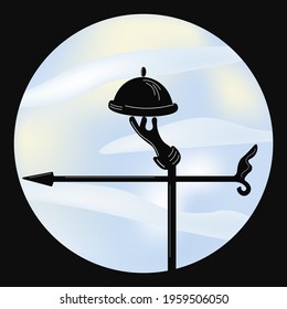 A human hand holds a dish under the lid. Vector illustration in the form of a weather vane on a background of clouds. Black silhouette for elite establishments. Promotion of vintage restaurants