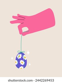 Human hand holds Easter egg decorated with ribbon. Colorful vector illustration