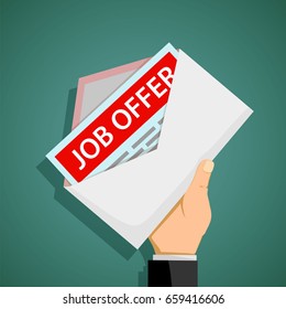 Human hand holds an envelope with job offer. Stock vector flat graphic.
