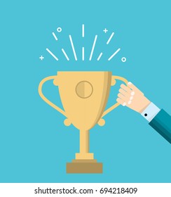 human hand holds a Golden Cup. vector flat illustration concept of victory