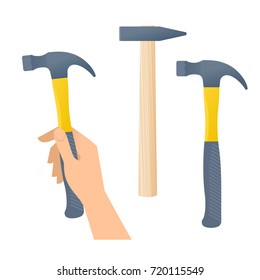 Human hand holds hammer. Flat illustration of male hand with builder and construction tool and hummers with wooden and plastic handles. Vector design element set isolated on white background.