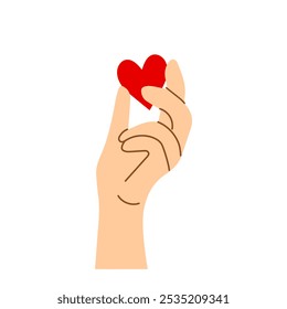 A mão humana segura o coração. Gesto de dar amor ou simpatia. Ilustração vetorial