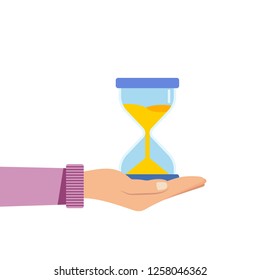 Human hand holds a hourglass. Business and time management concept. Isolated vector illustration 