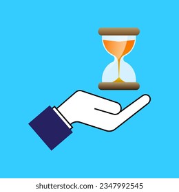 Human hand holds hourglass clocks with sand. Time management. vector illustration