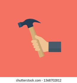 Human hand holds hummer. Flat illustration of repair and builder hand tools