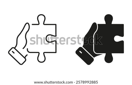 Human Hand Holds Jigsaw Piece Line and Silhouette Icon Set. Puzzle Game Solution. Success Teamwork Linear Pictogram. Problem Solving, Idea Sign. Editable Stroke. Isolated Vector Illustration.