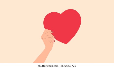 La mano humana sostiene un Grande corazón rojo. Concepto de amor, caridad, donación. Copiar espacio. Ilustración vectorial.