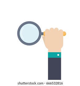 Human hand holds a magnifier. Flat style vector illustration