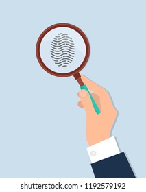 Human hand holds magnifying glass and investigate fingerprint vector isolated on white. Criminalistics concept illustration, instrument for investigation