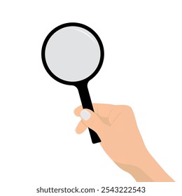 Human Hand Holds Magnifying Glass, Isolated On White Background. Flat Vector Illustration