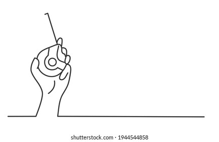 Human hand holds measuring tape. Hand drawn vector illustration.