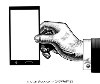 Human hand holds a modern smartphone with a blank chromakey screen in a palm. Call pop-art concept. Vintage engraving stylized drawing. Vector illustration