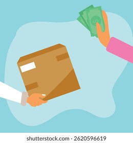 Human hand holds money and pay for the parcel box. cash on delivery  service concept. Vector illustration