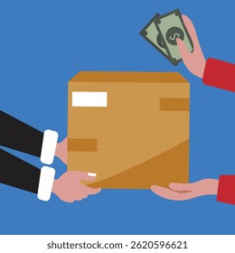 Human hand holds money and pay for the parcel box. cash on delivery  service concept. Vector illustration