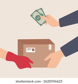 Human hand holds money and pay for the parcel box. cash on delivery  service concept. Vector illustration