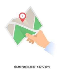 A human hand holds a navigation map with marker pin. Travel, tourism, cartography flat concept illustration. Vector material design element isolated on white background.