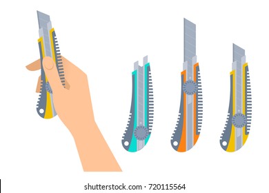 Human hand holds office knife. Flat illustration of male hand with builder and construction tool and Cutters with plastic handles. Vector design element set isolated on white background.