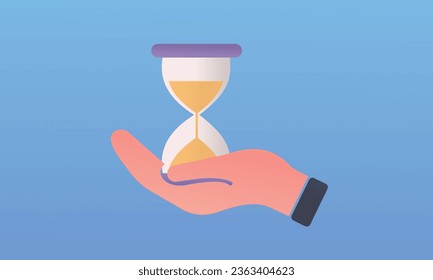 Human hand holds old style hourglass clocks with sand. Time management.on blue background.Vector Design Illustration.