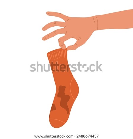 Human hand holds one dirty sock with disgust. Washing is required. Sock in flat style isolated on white. Socks bad smelly and unclean, Unpleasant smell from dirty sock. Dirty laundry, dirt stains.