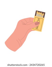 La mano humana sostiene una caja abierta de fósforos. Ilustración vectorial de la mano de una mujer con una caja de fósforos