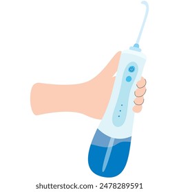 Una mano humana sostiene un irrigador oral o hilo dental. Higiene bucal y cuidado dental.