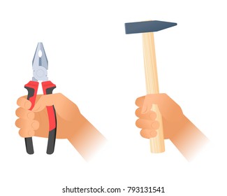 Human hand holds a pair of pliers with red plastic handles and hummer with wood handle. Flat illustration of repair and construction hand tools. Vector design elements isolated on white background.