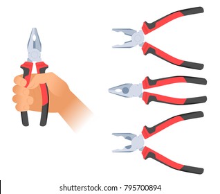 Human hand holds a pair of pliers. Repair, construction and builder hand tool with red plastic handles. Flat illustration of combination pliers. Vector design element set isolated on white background.
