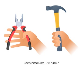 Human hand holds a pair of pliers with red plastic handles and hummer with plastic handle. Flat illustration of repair and builder hand tools. Vector design elements isolated on white background.