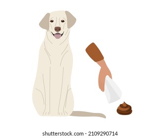 Human hand holds paper scoop and going to clean up Pet waste. Clean up after your dog. Paper scoop for cleaning dog poop. Social responsibility. Flat vector illustration Labrador Retriever sitting.