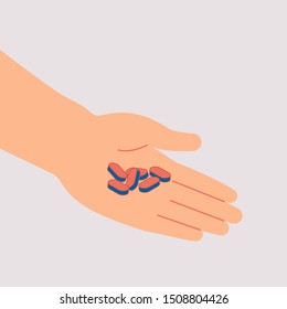 Human hand holds pile of pills and tablets isolated from background. Concept of medication treating illness or disorder. Cartoon flat vector illustration.