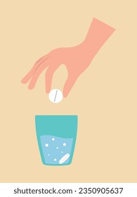 A human hand holds a pill over a glass of water that already contains another pill. Bubbles in a glass. Flat style illustration