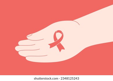 Human hand holds pink ribbon as a symbol of Breast cancer awareness month. Prevention and treatment oncology illness. Female healthcare concept. Vector illustration 