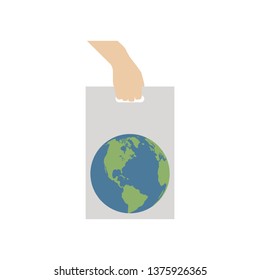 The human hand holds a plastic bag with the planet Earth. Vector illustration in flat style.