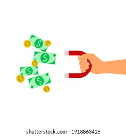 Human hand holds red magnet that attracts money, coins. Vector illustration isolated on white. Flat style