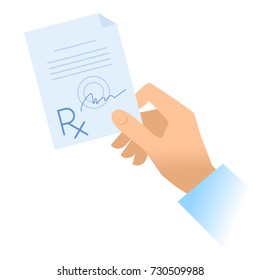 Human hand holds rx prescription. Flat illustration of doctor's hand holding pharmaceutical document. Medicine, medical exam and diagnosis concept. Vector design elements isolated on white background.