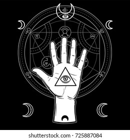 Human hand holds a sacred pyramid of knowledge, an all-seeing eye. Symbols of the moon, alchemical circle of transformations. Vector illustration isolated on a black background.